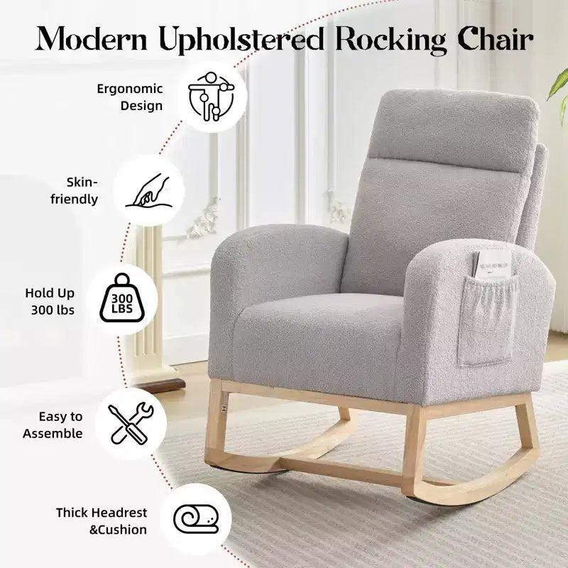 Fauteuil à bascule rembourré COZONY avec dossier haut et pieds en bois, fauteuil à bascule d'appoint confortable pour chambre de bébé avec pochette latérale pour salon