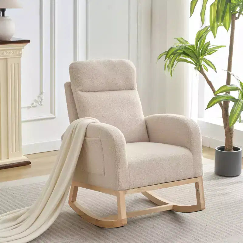 Fauteuil à bascule rembourré COZONY avec dossier haut et pieds en bois, fauteuil à bascule d'appoint confortable pour chambre de bébé avec pochette latérale pour salon