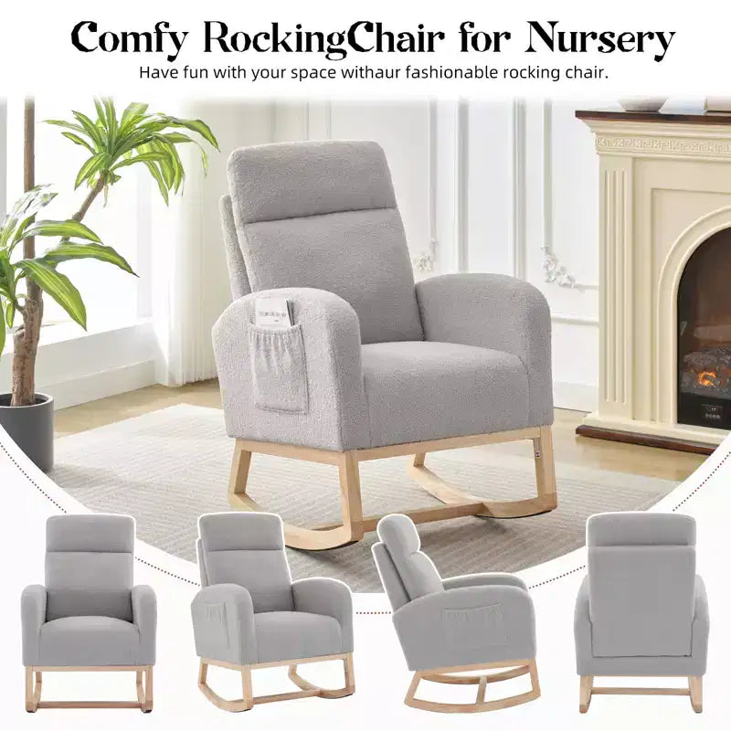 Fauteuil à bascule rembourré COZONY avec dossier haut et pieds en bois, fauteuil à bascule d'appoint confortable pour chambre de bébé avec pochette latérale pour salon
