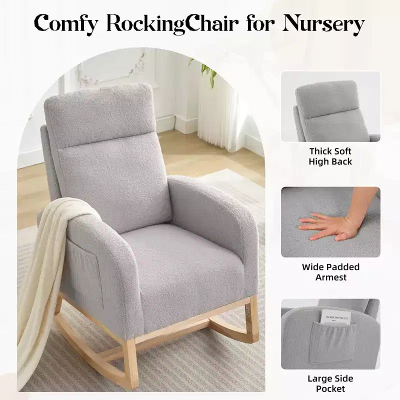 Fauteuil à bascule rembourré COZONY avec dossier haut et pieds en bois, fauteuil à bascule d'appoint confortable pour chambre de bébé avec pochette latérale pour salon