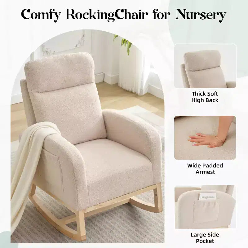 Fauteuil à bascule rembourré COZONY avec dossier haut et pieds en bois, fauteuil à bascule d'appoint confortable pour chambre de bébé avec pochette latérale pour salon