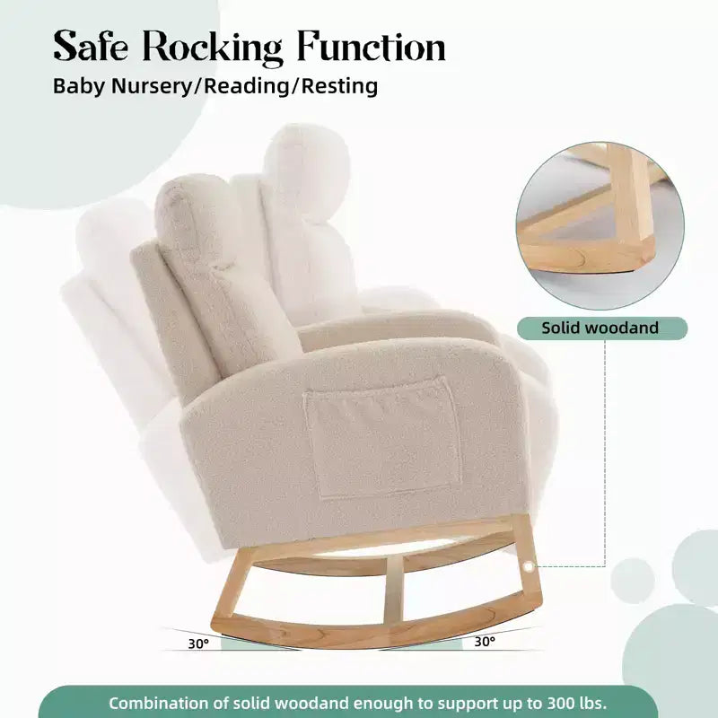Fauteuil à bascule rembourré COZONY avec dossier haut et pieds en bois, fauteuil à bascule d'appoint confortable pour chambre de bébé avec pochette latérale pour salon