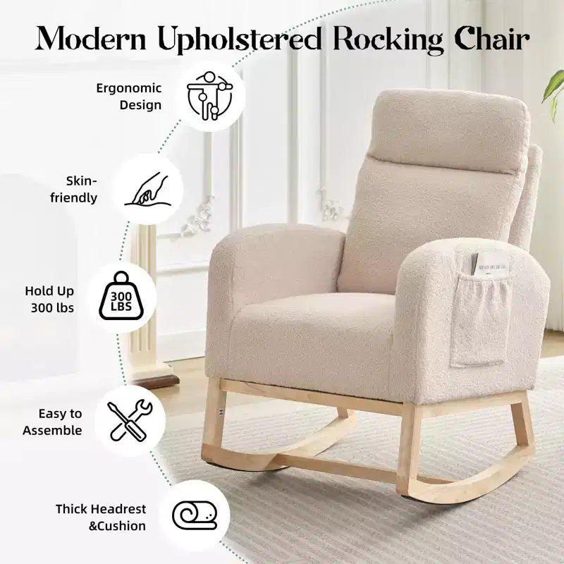 Fauteuil à bascule rembourré COZONY avec dossier haut et pieds en bois, fauteuil à bascule d'appoint confortable pour chambre de bébé avec pochette latérale pour salon