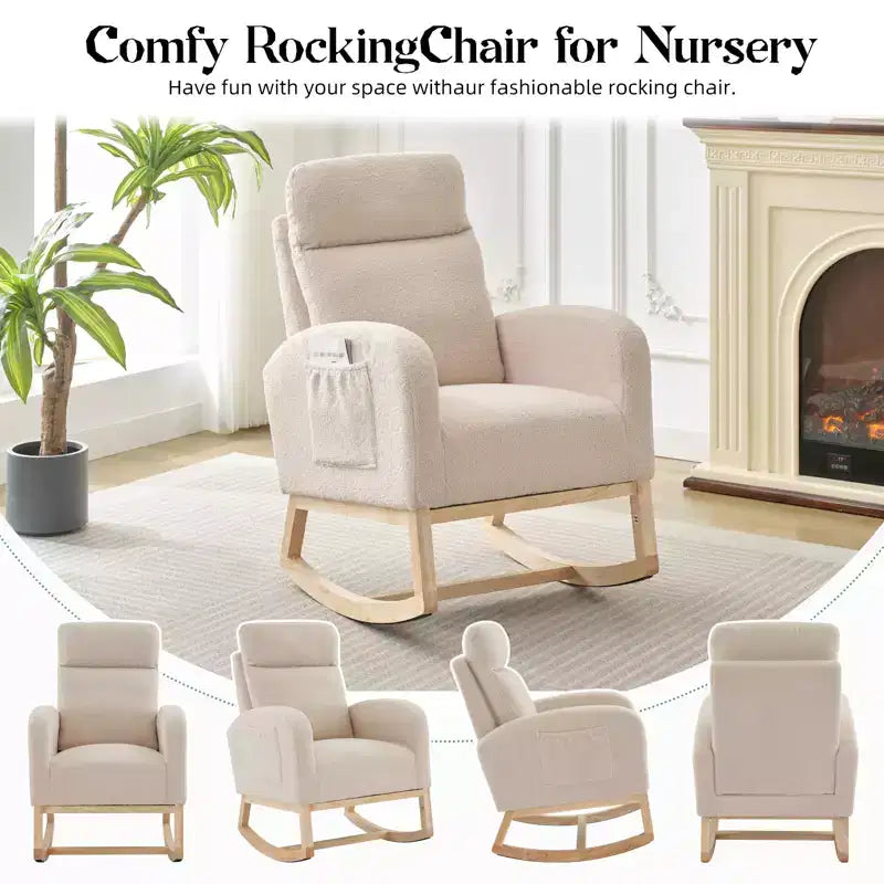 Fauteuil à bascule rembourré COZONY avec dossier haut et pieds en bois, fauteuil à bascule d'appoint confortable pour chambre de bébé avec pochette latérale pour salon