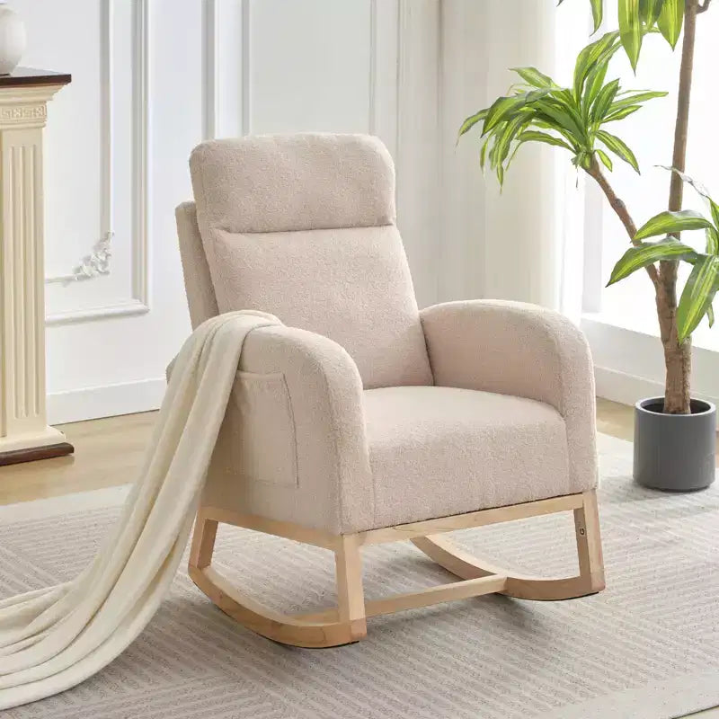 COZONY Upholstered Glider Rocker Chair with High Backrest & Wooden Legs, Comfy Nursery Rocking Accent Chair with Side Pocket for Living Room
