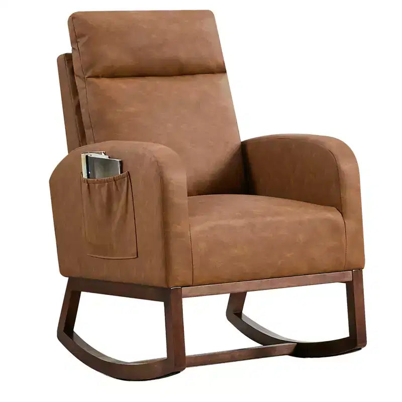 Fauteuil à bascule rembourré COZONY avec dossier haut et pieds en bois, fauteuil à bascule d'appoint confortable pour chambre de bébé avec pochette latérale pour salon