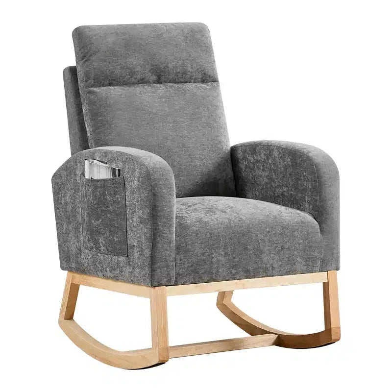 Fauteuil à bascule rembourré COZONY avec dossier haut et pieds en bois, fauteuil à bascule d'appoint confortable pour chambre de bébé avec pochette latérale pour salon