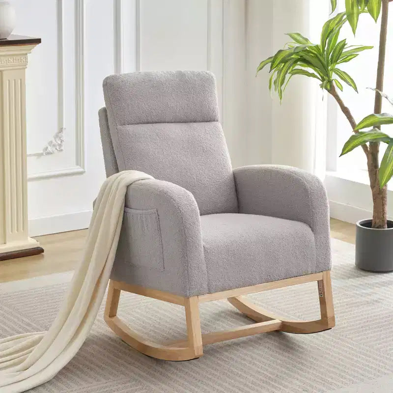 Fauteuil à bascule rembourré COZONY avec dossier haut et pieds en bois, fauteuil à bascule d'appoint confortable pour chambre de bébé avec pochette latérale pour salon
