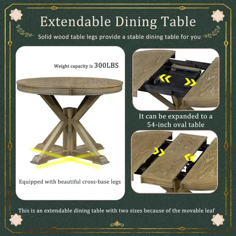 Table à manger extensible rétro Okak de 54 pouces, table pliante avec une rallonge de 12 pouces, table ronde pour salle à manger, salon, cuisine