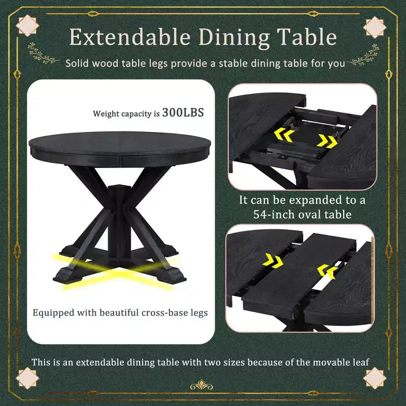 Table à manger extensible rétro Okak de 54 pouces, table pliante avec une rallonge de 12 pouces, table ronde pour salle à manger, salon, cuisine