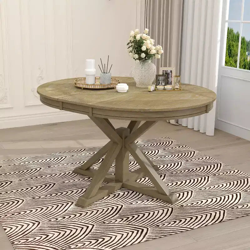 Okak 54IN Retro Extendable Dining Table, Foldable Table with a 12IN Leaf, Round Table for Dining Room, Living Room, Kitchen