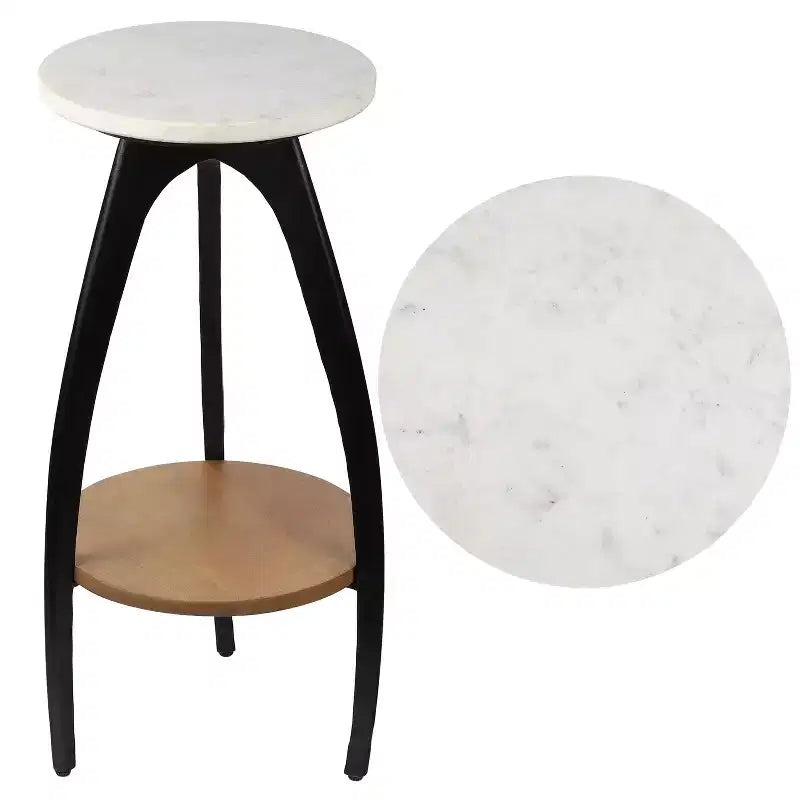 JONATHAN Y Ollie 24.5 Designer Metal Tripod Drink Table & Decorative End Table with White Marble Round Top & Wood Undershelf