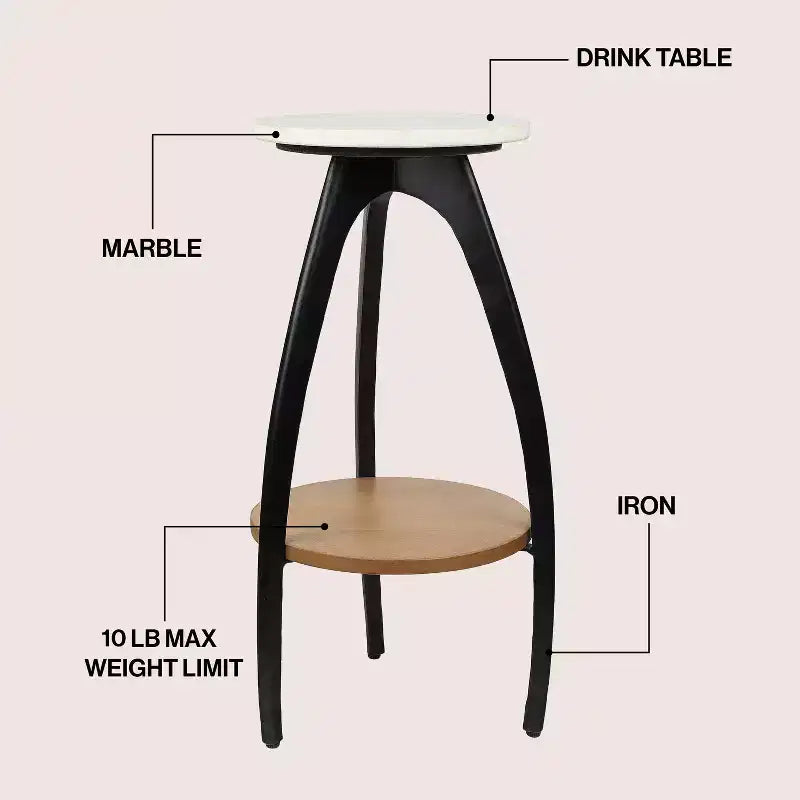 Table d'appoint tripode design en métal JONATHAN Y Ollie 24,5 avec plateau rond en marbre blanc et étagère inférieure en bois