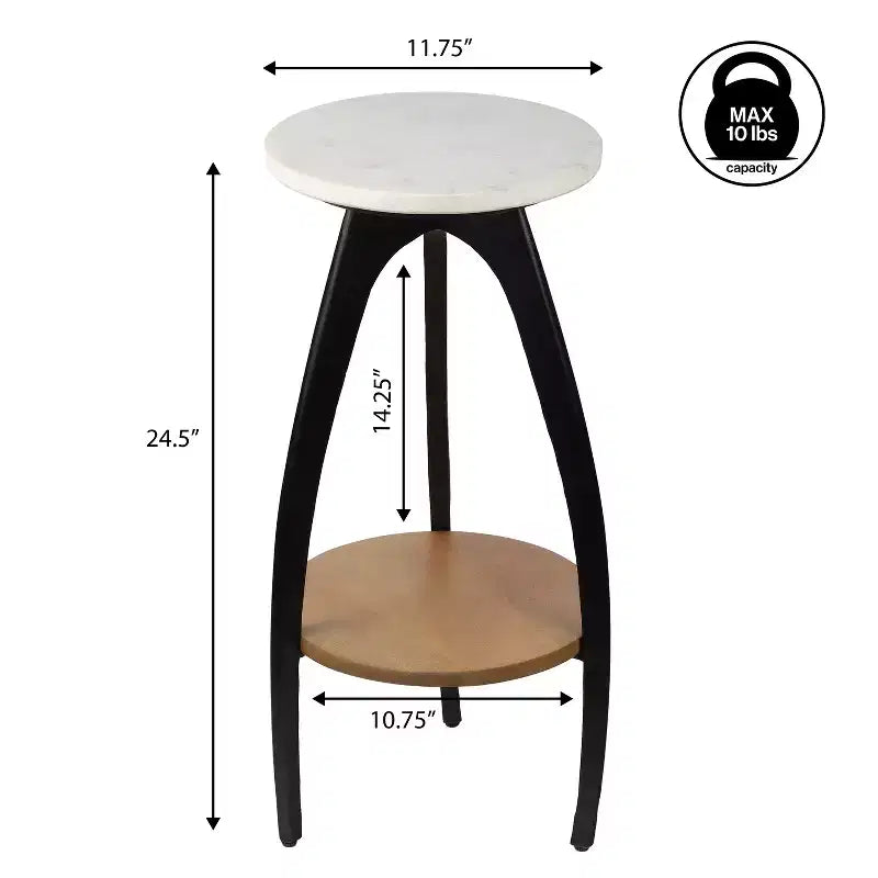 Table d'appoint tripode design en métal JONATHAN Y Ollie 24,5 avec plateau rond en marbre blanc et étagère inférieure en bois