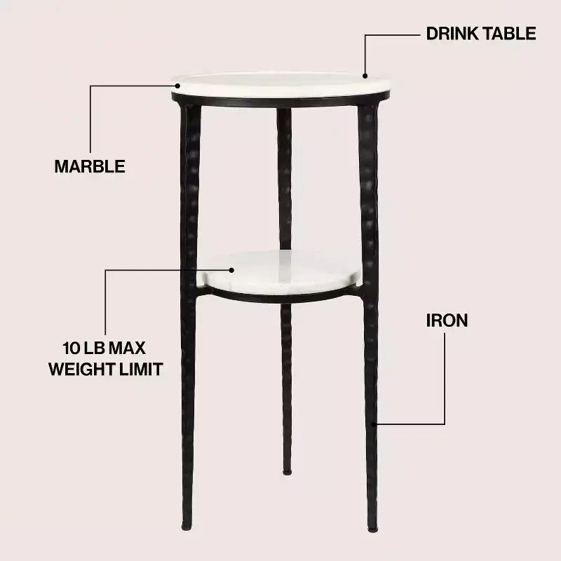 JONATHAN Y Seraphina 24,75, table d'appoint à 2 niveaux en métal de style industriel avec plateau rond en marbre blanc pour boissons et objets de décoration