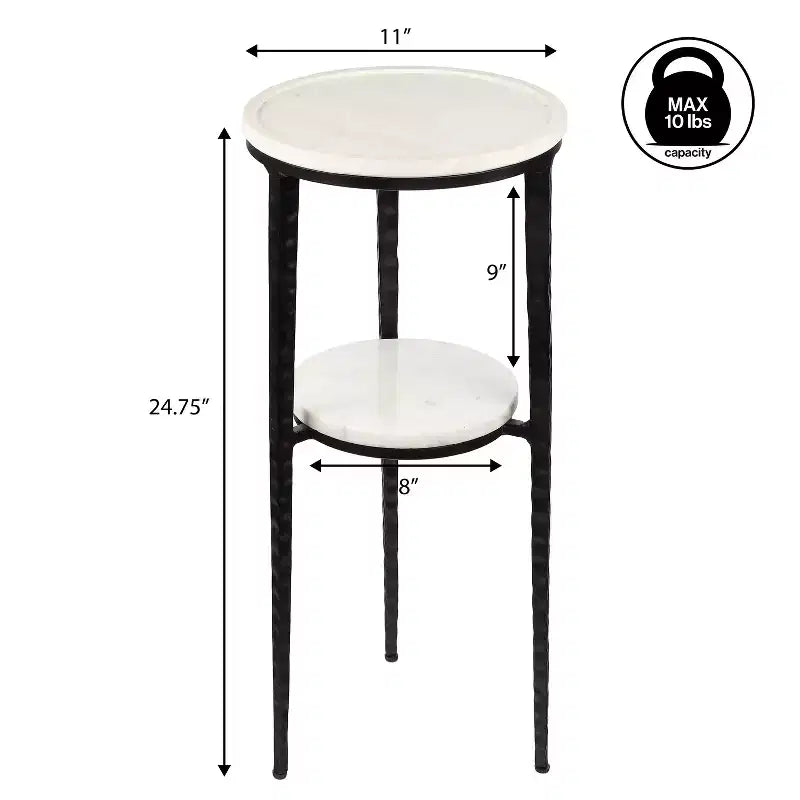 JONATHAN Y Seraphina 24,75, table d'appoint à 2 niveaux en métal de style industriel avec plateau rond en marbre blanc pour boissons et objets de décoration