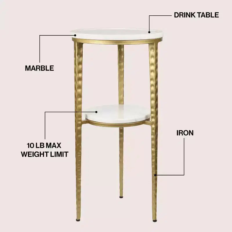 JONATHAN Y Seraphina 24,75, table d'appoint à 2 niveaux en métal de style industriel avec plateau rond en marbre blanc pour boissons et objets de décoration