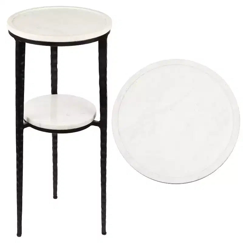 JONATHAN Y Seraphina 24.75 Industrial 2-Tier Metal Frame Drink Table & Decorative End Table with White Marble Round Top