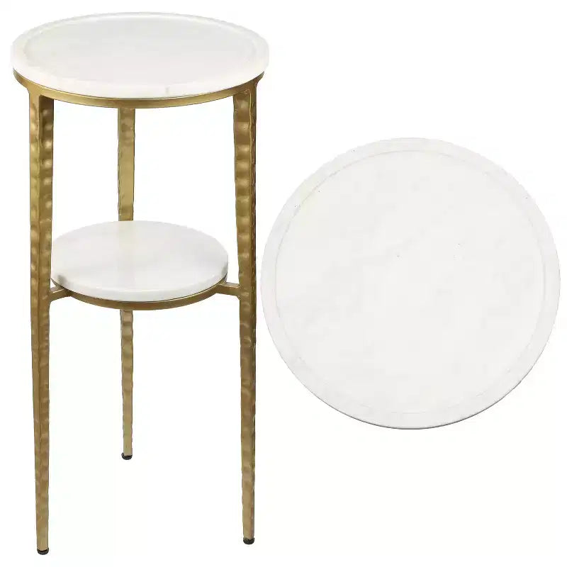 JONATHAN Y Seraphina 24,75, table d'appoint à 2 niveaux en métal de style industriel avec plateau rond en marbre blanc pour boissons et objets de décoration