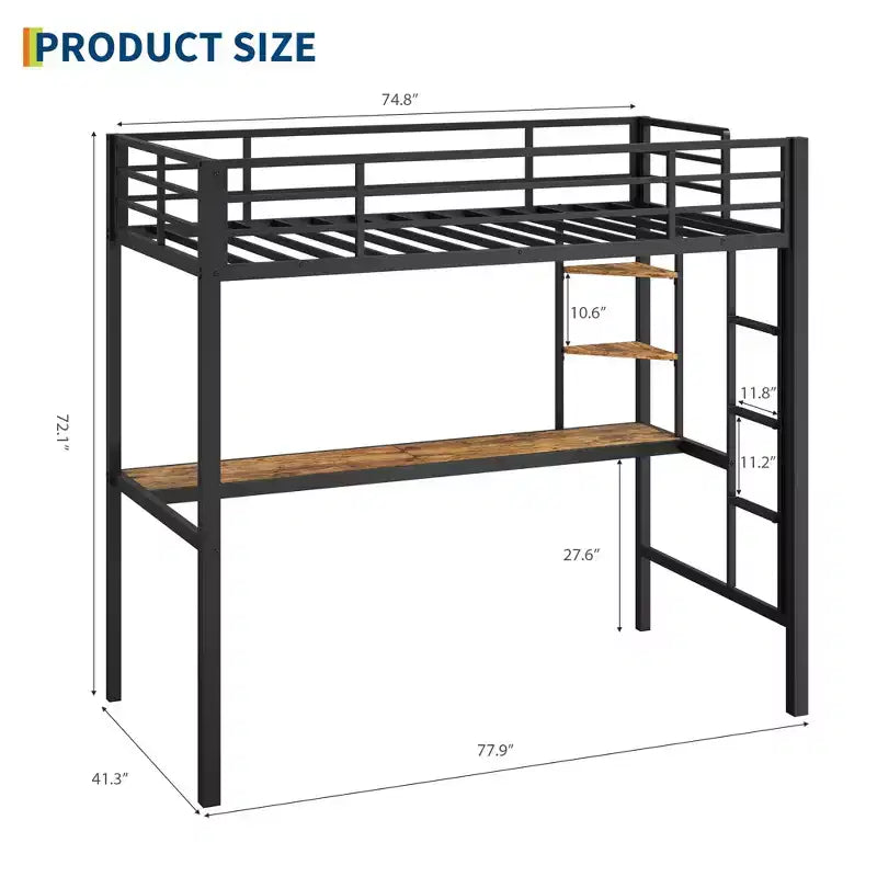 Lit mezzanine une place avec grand bureau et étagères de rangement à 2 niveaux, lit mezzanine en métal robuste avec échelle et garde-corps pour enfants et adultes