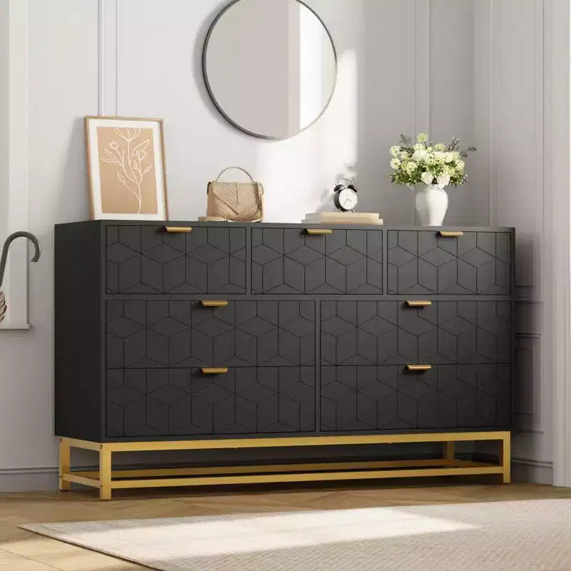 Commode de Chambre, 7 Tiroirs avec Poignées et Pieds en Métal Doré, Commode Moderne pour Placard