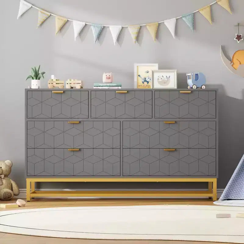Commode de Chambre, 7 Tiroirs avec Poignées et Pieds en Métal Doré, Commode Moderne pour Placard