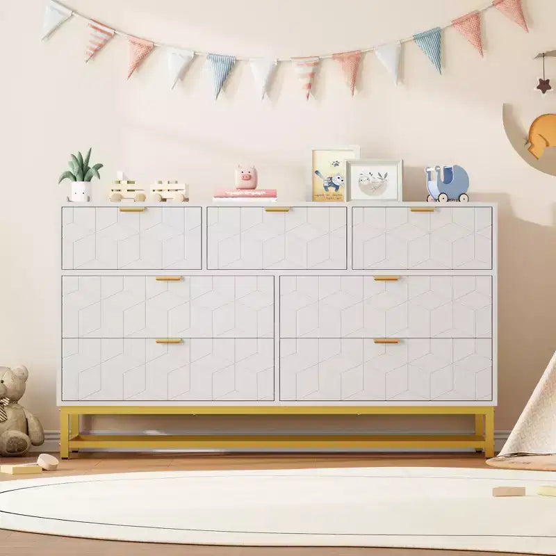 Commode de Chambre, 7 Tiroirs avec Poignées et Pieds en Métal Doré, Commode Moderne pour Placard