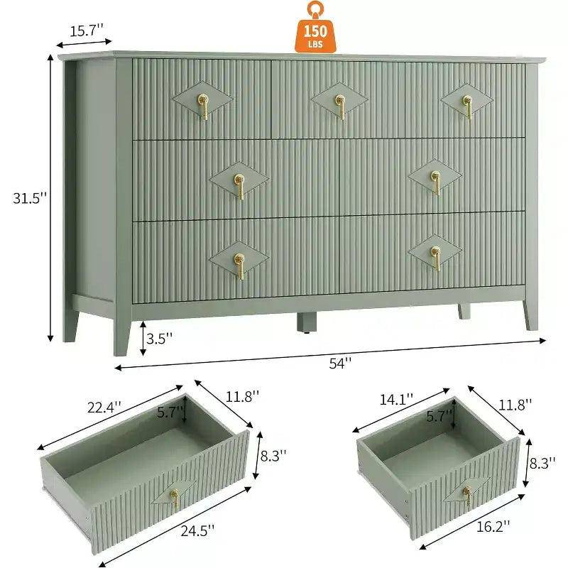 Commode de chambre à 7 tiroirs, commode moderne de 137 cm de large avec poignées métalliques, meuble TV, organisateur de tiroirs en bois pour chambre à coucher