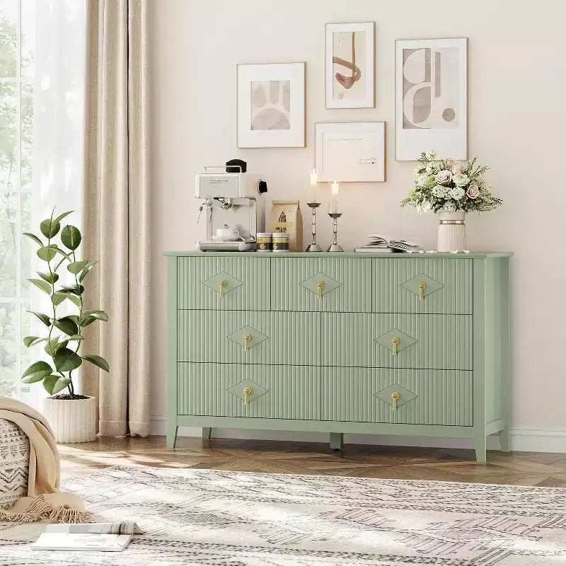 Commode de chambre à 7 tiroirs, commode moderne de 137 cm de large avec poignées métalliques, meuble TV, organisateur de tiroirs en bois pour chambre à coucher