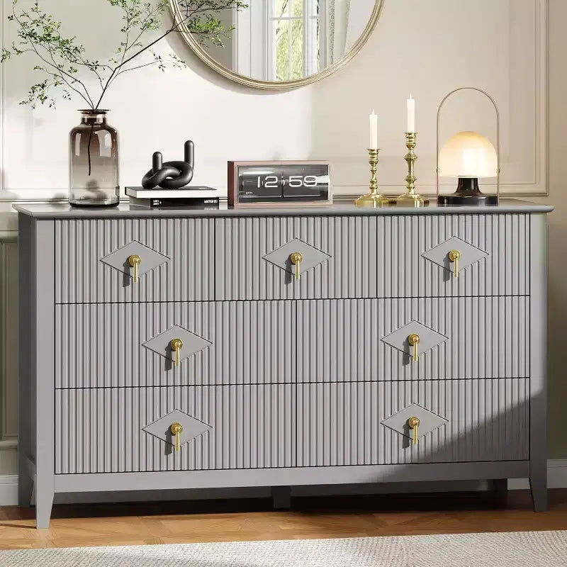 Commode de chambre à 7 tiroirs, commode moderne de 137 cm de large avec poignées métalliques, meuble TV, organisateur de tiroirs en bois pour chambre à coucher