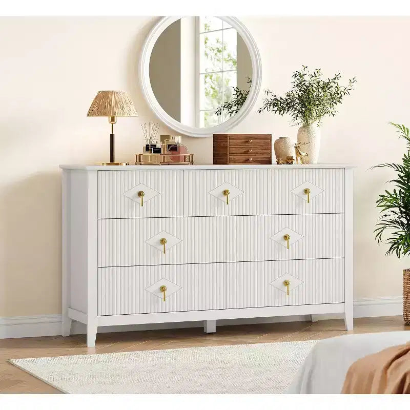 Commode de chambre à 7 tiroirs, commode moderne de 137 cm de large avec poignées métalliques, meuble TV, organisateur de tiroirs en bois pour chambre à coucher