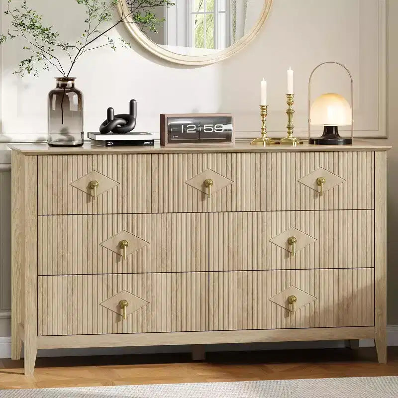 Commode de chambre à 7 tiroirs, commode moderne de 137 cm de large avec poignées métalliques, meuble TV, organisateur de tiroirs en bois pour chambre à coucher