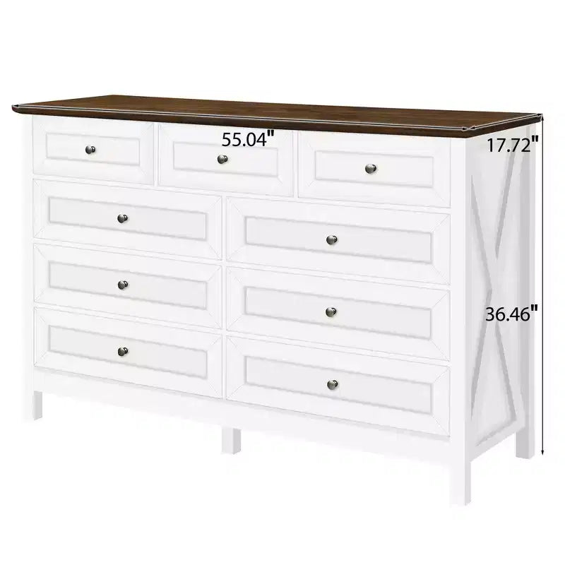 Commode rustique Okak Modern à 9 tiroirs avec poignées argentées, commode en bois minimaliste, chiffonnier pour chambre à coucher, entrée