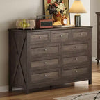 Commode rustique Okak Modern à 9 tiroirs avec poignées argentées, commode en bois minimaliste, chiffonnier pour chambre à coucher, entrée