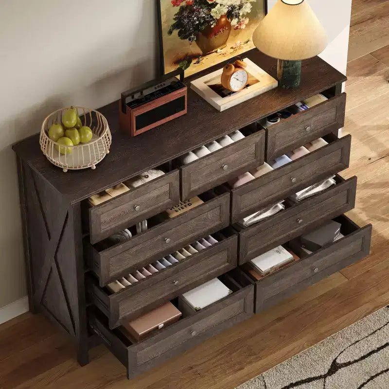 Commode rustique Okak Modern à 9 tiroirs avec poignées argentées, commode en bois minimaliste, chiffonnier pour chambre à coucher, entrée