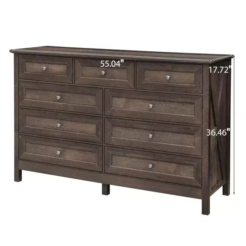 Commode rustique Okak Modern à 9 tiroirs avec poignées argentées, commode en bois minimaliste, chiffonnier pour chambre à coucher, entrée