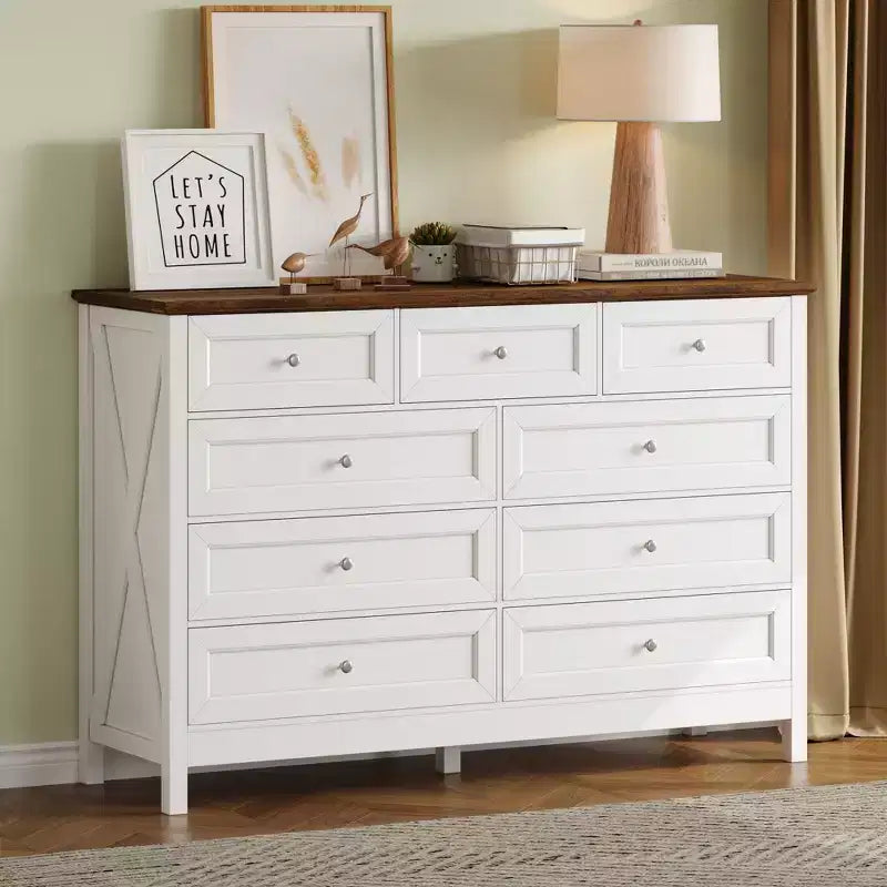 Commode rustique Okak Modern à 9 tiroirs avec poignées argentées, commode en bois minimaliste, chiffonnier pour chambre à coucher, entrée