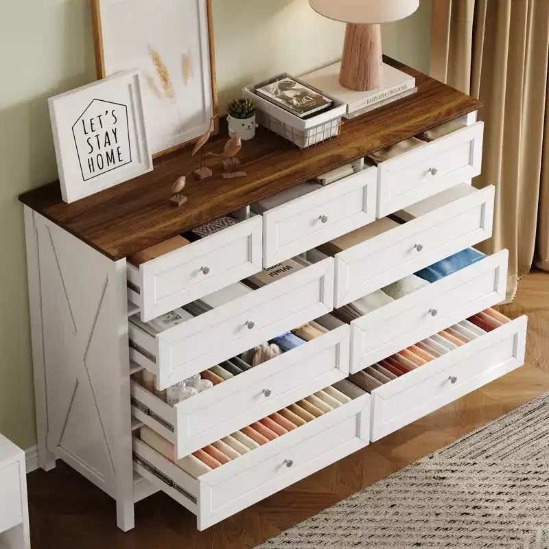 Commode rustique Okak Modern à 9 tiroirs avec poignées argentées, commode en bois minimaliste, chiffonnier pour chambre à coucher, entrée