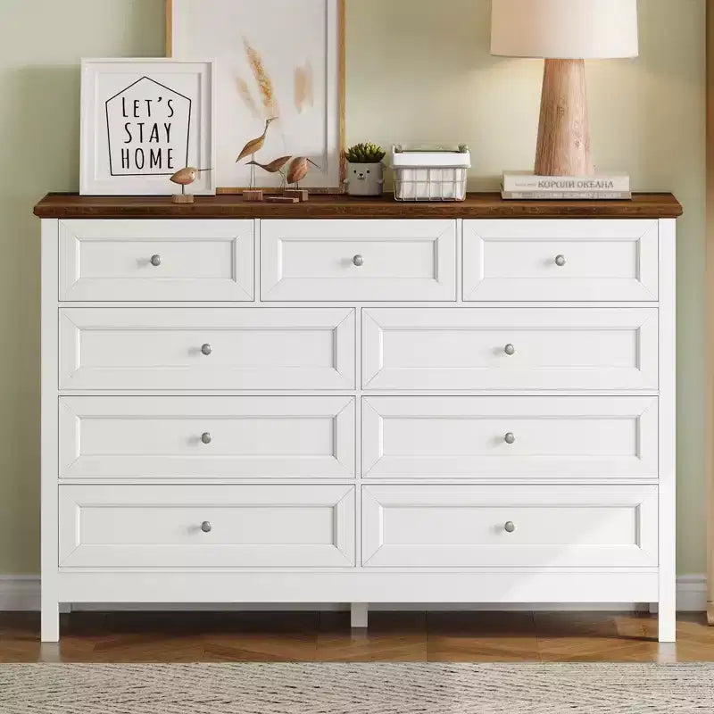 Commode rustique Okak Modern à 9 tiroirs avec poignées argentées, commode en bois minimaliste, chiffonnier pour chambre à coucher, entrée