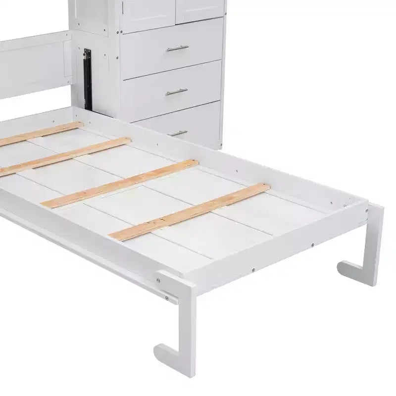 Lit escamotable Murphy avec casiers et armoires de rangement, étagères, cadre de lit plateforme mural pliant en bois, blanc