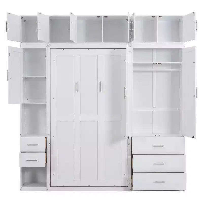 Lit escamotable Murphy avec casiers et armoires de rangement, étagères, cadre de lit plateforme mural pliant en bois, blanc