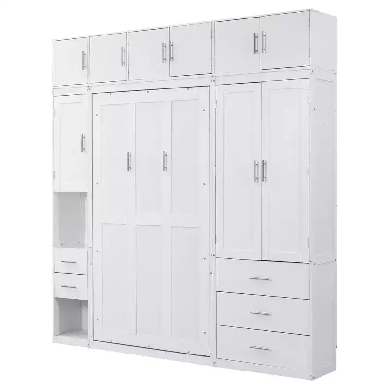 Lit escamotable Murphy avec casiers et armoires de rangement, étagères, cadre de lit plateforme mural pliant en bois, blanc