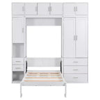 Lit escamotable Murphy avec casiers et armoires de rangement, étagères, cadre de lit plateforme mural pliant en bois, blanc