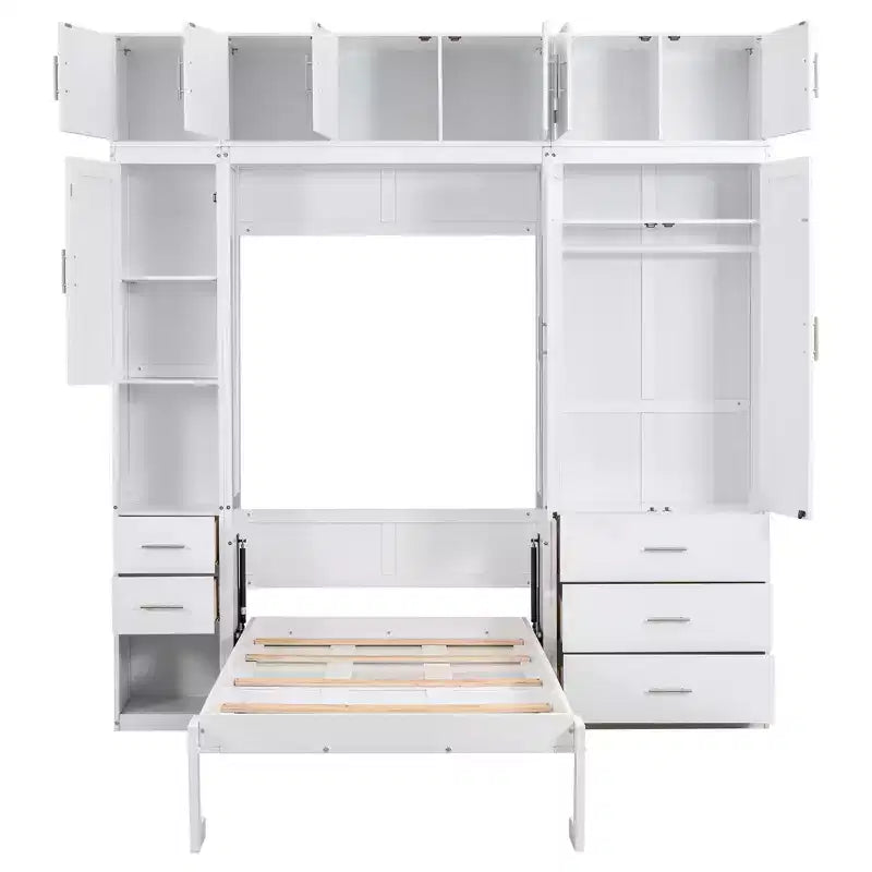Lit escamotable Murphy avec casiers et armoires de rangement, étagères, cadre de lit plateforme mural pliant en bois, blanc