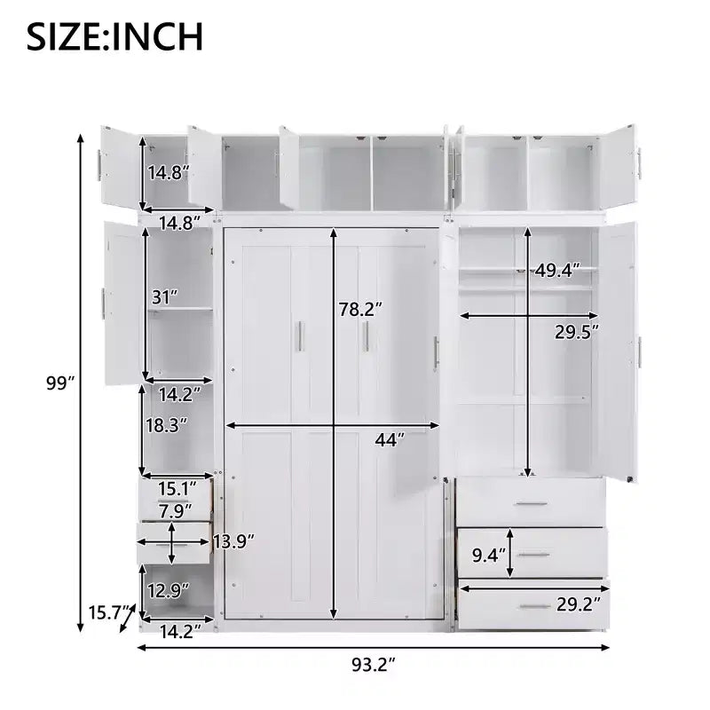 Lit escamotable Murphy avec casiers et armoires de rangement, étagères, cadre de lit plateforme mural pliant en bois, blanc