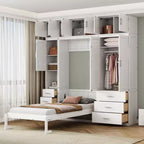 Lit escamotable Murphy avec casiers et armoires de rangement, étagères, cadre de lit plateforme mural pliant en bois, blanc