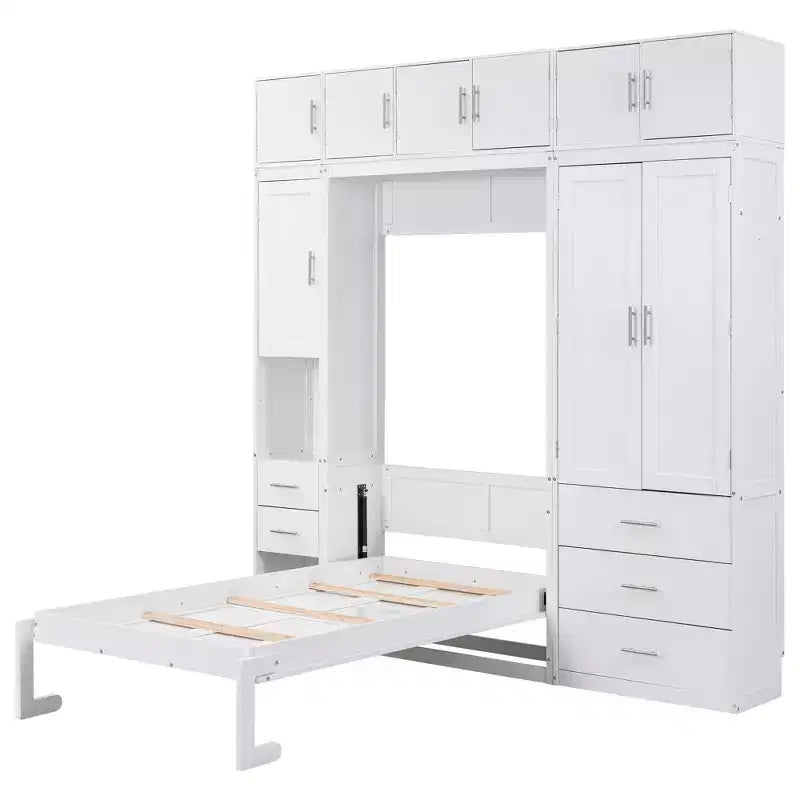 Lit escamotable Murphy avec casiers et armoires de rangement, étagères, cadre de lit plateforme mural pliant en bois, blanc