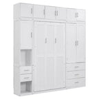Lit escamotable Murphy avec casiers et armoires de rangement, étagères, cadre de lit plateforme mural pliant en bois, blanc