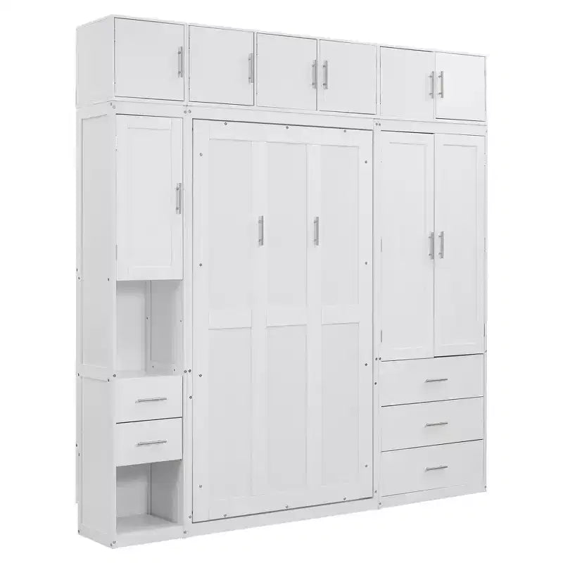 Lit escamotable Murphy avec casiers et armoires de rangement, étagères, cadre de lit plateforme mural pliant en bois, blanc