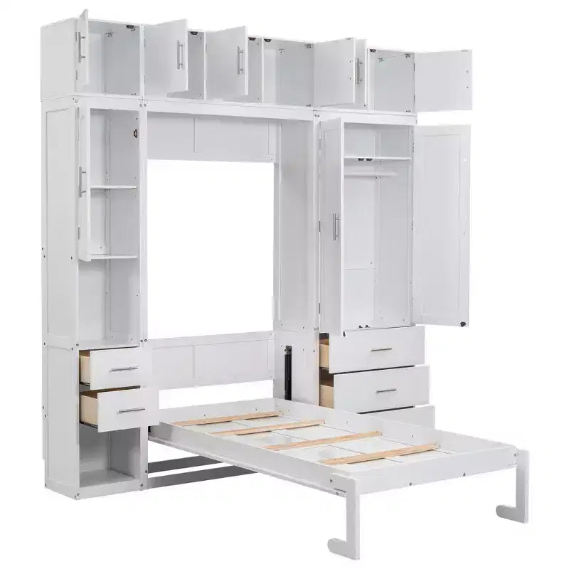 Lit escamotable Murphy avec casiers et armoires de rangement, étagères, cadre de lit plateforme mural pliant en bois, blanc